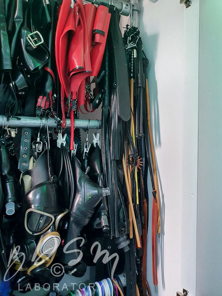Various BDSM restraints, whips, paddles and rubber and latex clothing